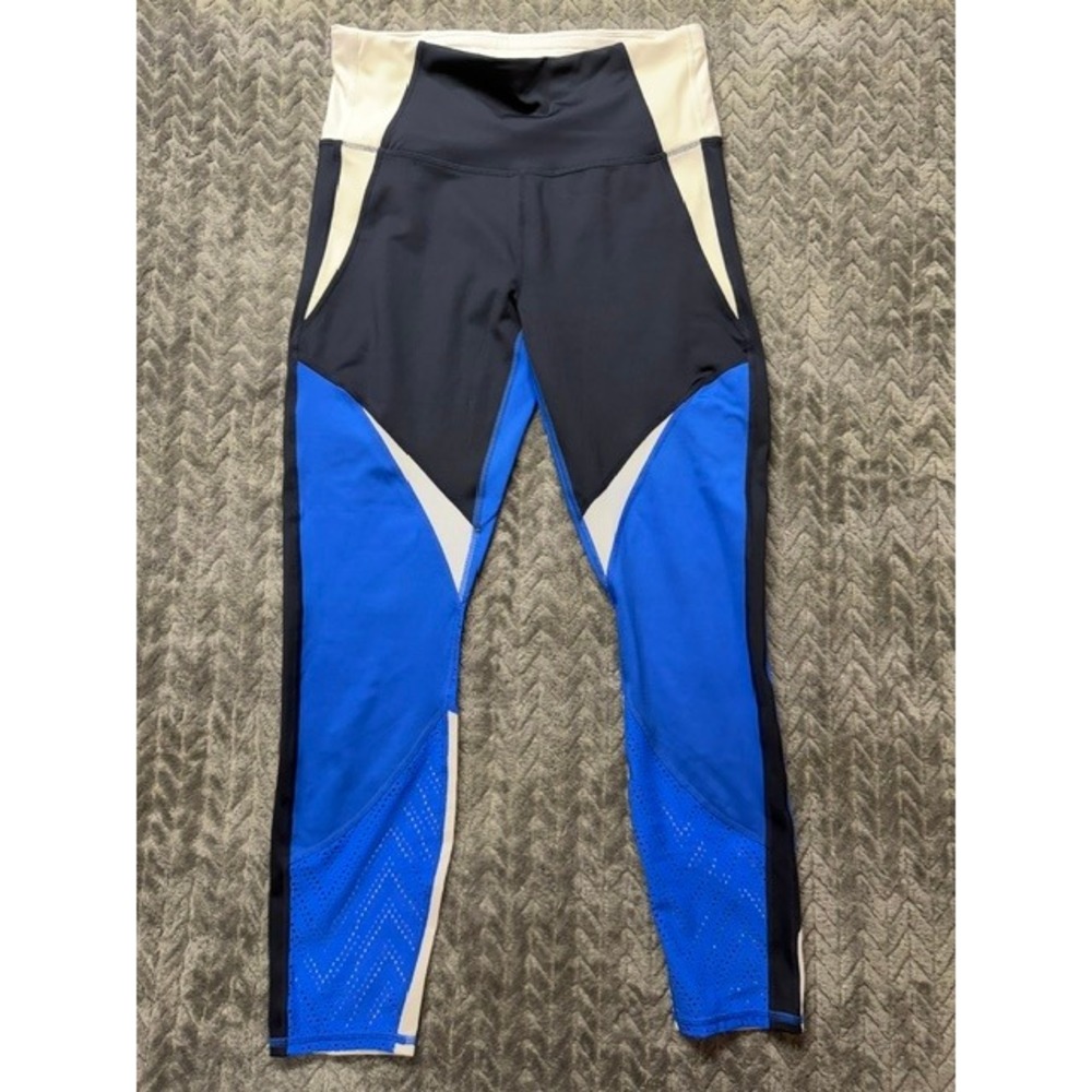 Athleta Women Blue Colorblock Laser Cut High Rise Leggings Size M 0527